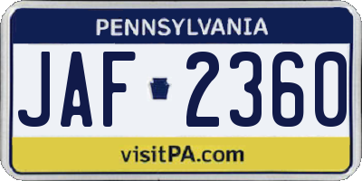 PA license plate JAF2360