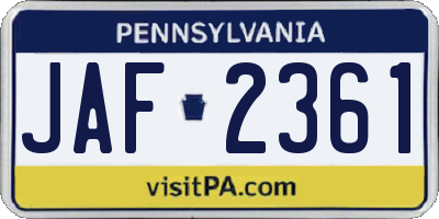 PA license plate JAF2361