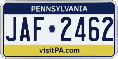 PA license plate JAF2462