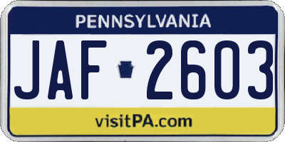 PA license plate JAF2603