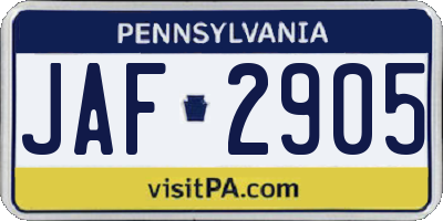 PA license plate JAF2905