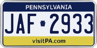 PA license plate JAF2933