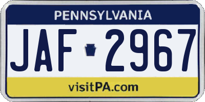 PA license plate JAF2967
