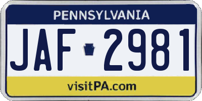 PA license plate JAF2981