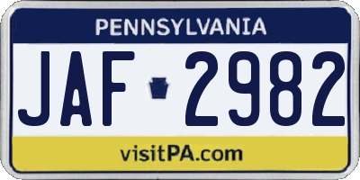 PA license plate JAF2982