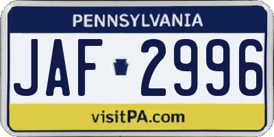 PA license plate JAF2996