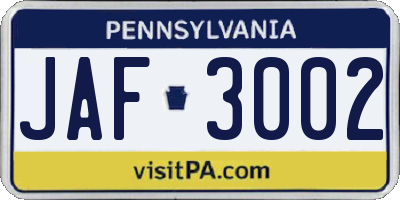PA license plate JAF3002
