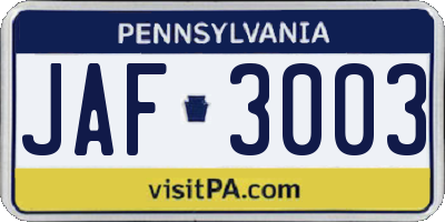 PA license plate JAF3003