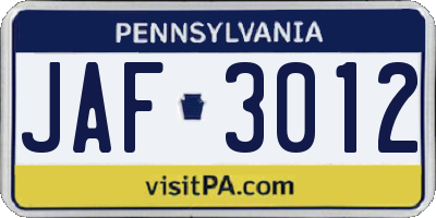 PA license plate JAF3012