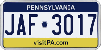 PA license plate JAF3017