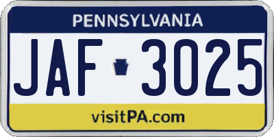 PA license plate JAF3025
