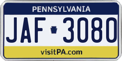 PA license plate JAF3080