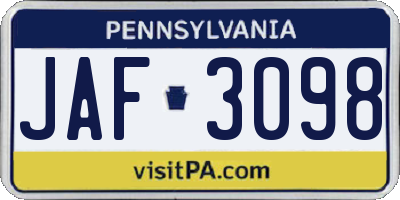 PA license plate JAF3098