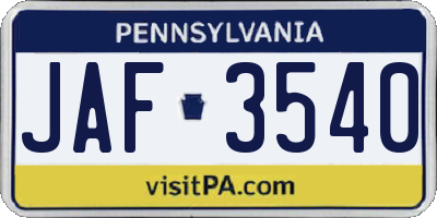 PA license plate JAF3540
