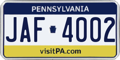 PA license plate JAF4002