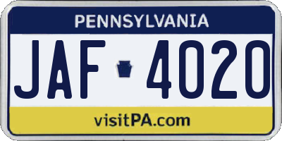 PA license plate JAF4020