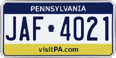 PA license plate JAF4021
