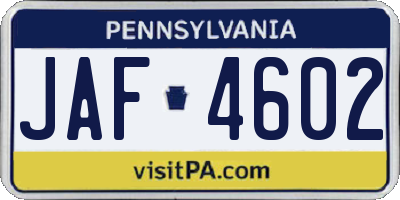 PA license plate JAF4602