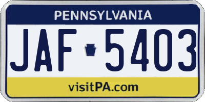 PA license plate JAF5403