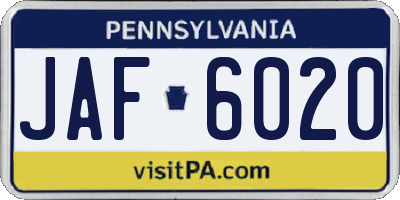 PA license plate JAF6020