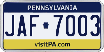 PA license plate JAF7003