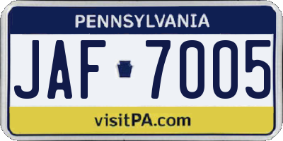 PA license plate JAF7005