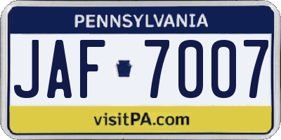 PA license plate JAF7007