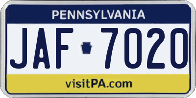 PA license plate JAF7020