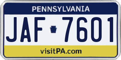 PA license plate JAF7601