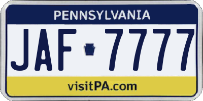 PA license plate JAF7777