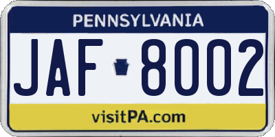 PA license plate JAF8002