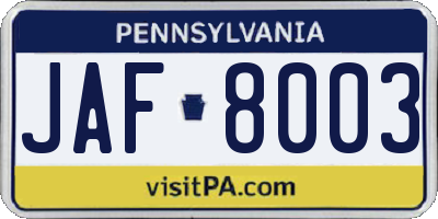 PA license plate JAF8003