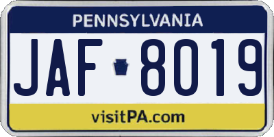 PA license plate JAF8019