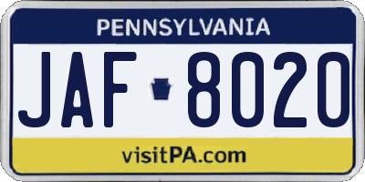 PA license plate JAF8020