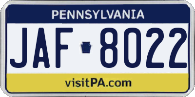 PA license plate JAF8022