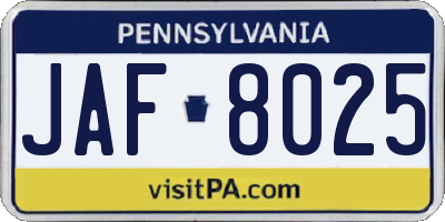 PA license plate JAF8025