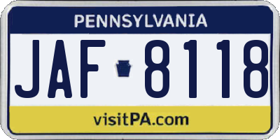 PA license plate JAF8118