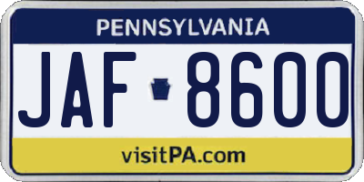 PA license plate JAF8600