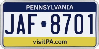 PA license plate JAF8701