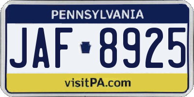 PA license plate JAF8925