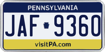 PA license plate JAF9360