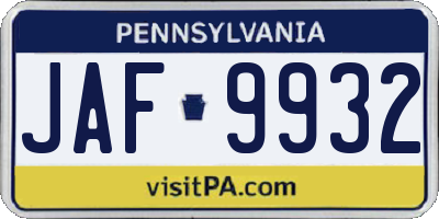 PA license plate JAF9932