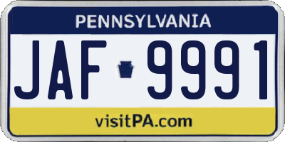 PA license plate JAF9991