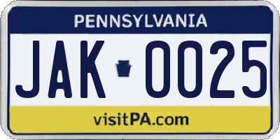 PA license plate JAK0025