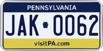 PA license plate JAK0062