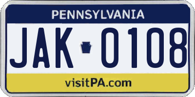 PA license plate JAK0108