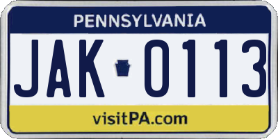 PA license plate JAK0113