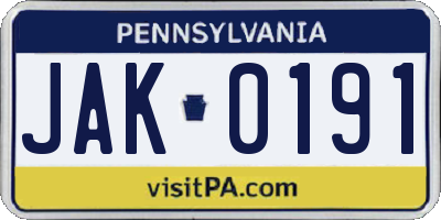PA license plate JAK0191