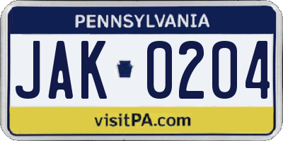 PA license plate JAK0204