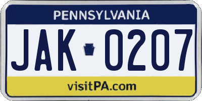 PA license plate JAK0207